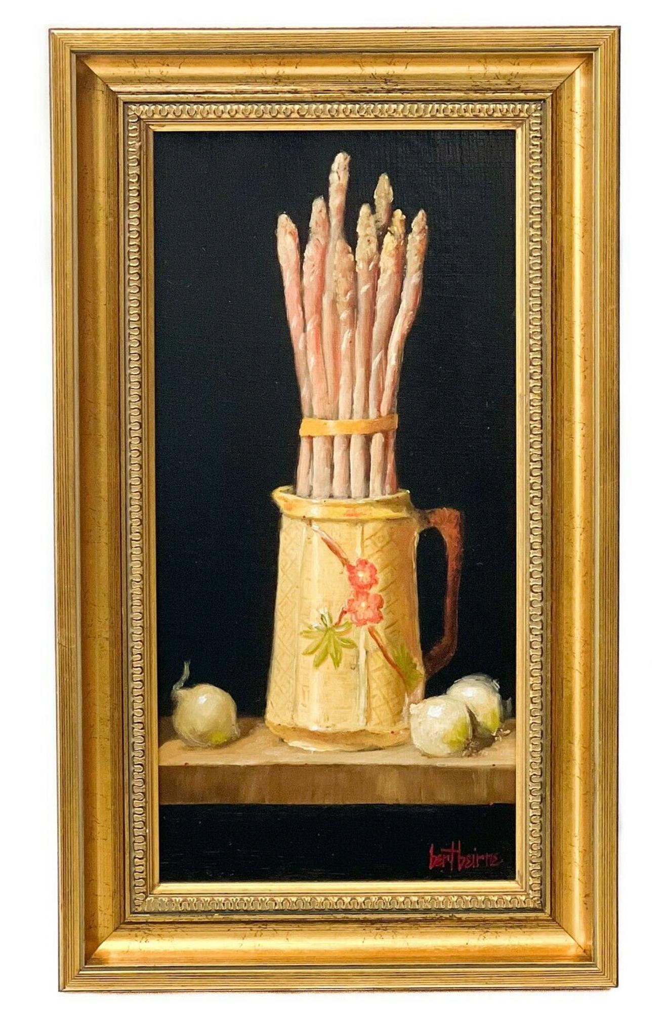 Bert Beirne Painting Oil on Panel Majolica Asparagus & Onions: Bert Beirne (American b. 1939) oil on panel, "Majolica, Asparagus and Onions." The painting depicts a porcelain pitcher holding asparagus on a wooden table with three onions. Signed to the lower right