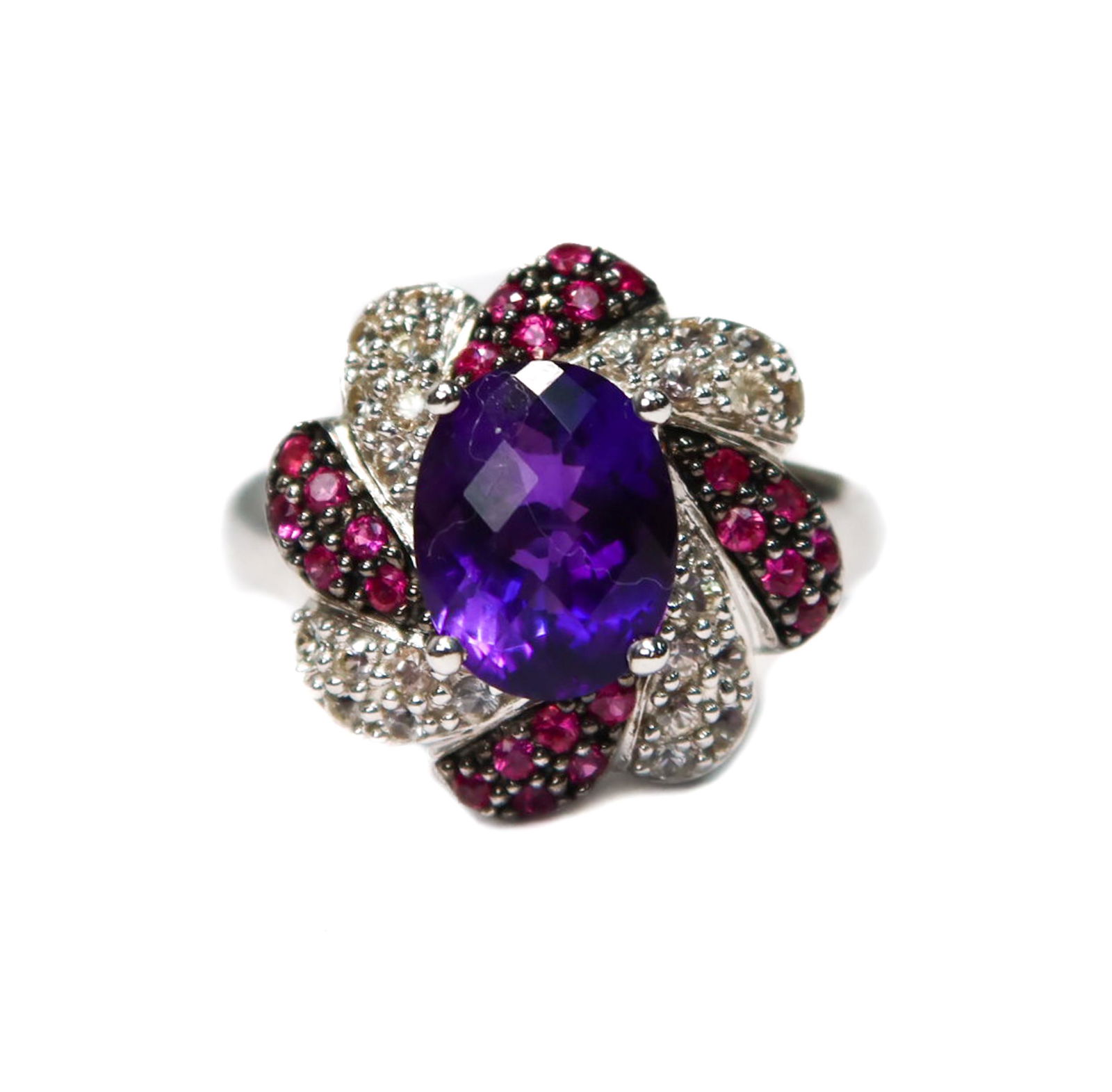 14k White Gold Amethyst, Ruby, and White Topaz Flower Ring, size, Size 7.5 (1 of 7)
