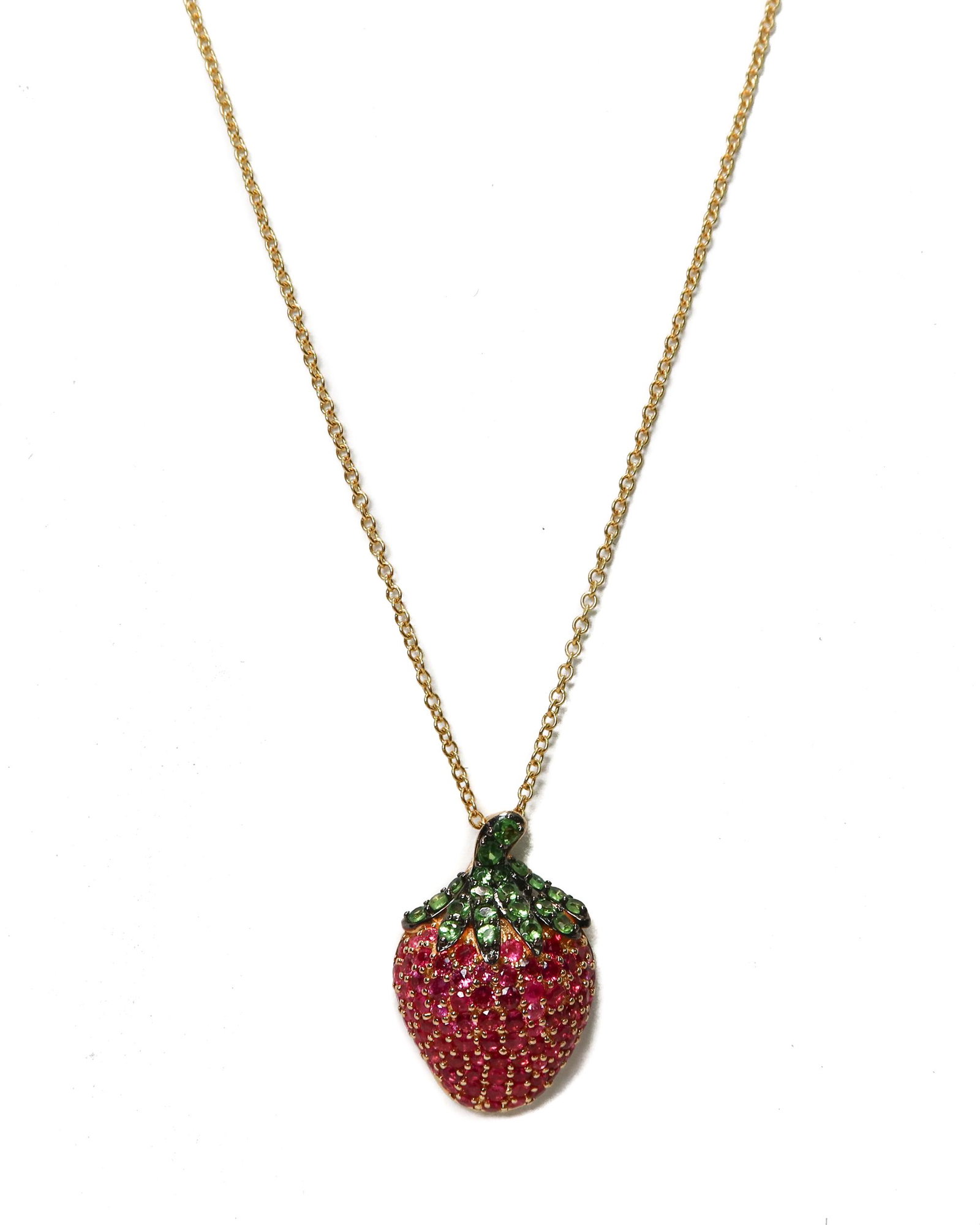 14k Yellow Gold Pink Topaz and Green Tourmaline Strawberry Necklace: 14k Yellow Gold Pink Topaz and Green Tourmaline Strawberry Necklace. Light and dark brilliant round cut pink topazes to the body with green tourmaline to the leaves. Marked "14k" to the clasp. Weight 