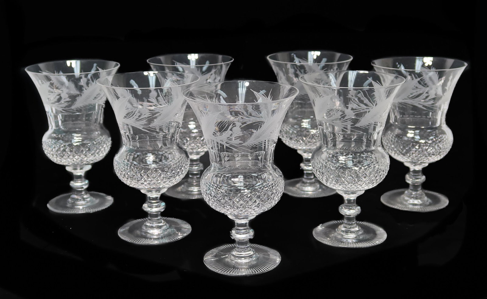 10 Edinburg Crystal Glass Wine Goblets: 10Edinburg Crystal Glass Wine Goblet. Etched Thistle flowers, crosshatch, and panels. Unmarked. *photo depicts 7, but there are 10* Weight Approx., 5 lbs Measures Approx., 3.5 inches diameter x 5.5 in