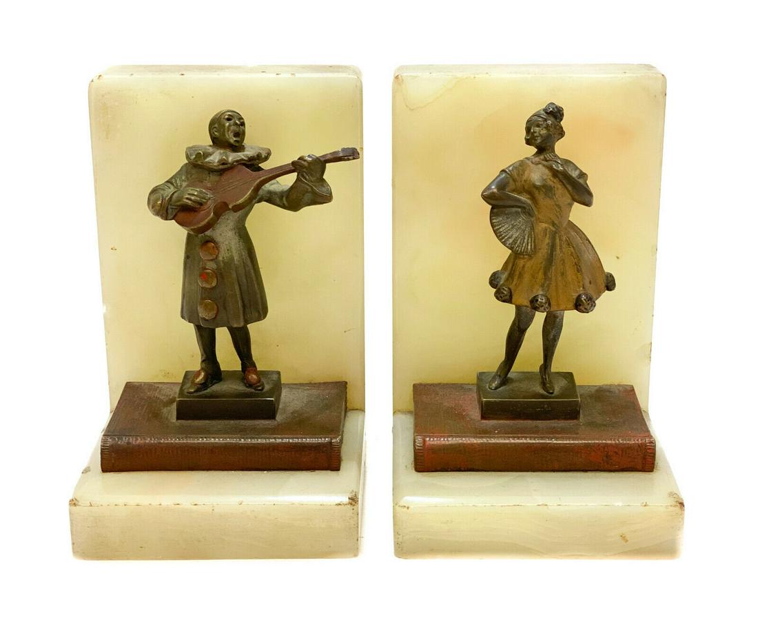 Continental Onyx and Austrian Bronze Bookends, circa 1920. Woman & Jester (1 of 5)