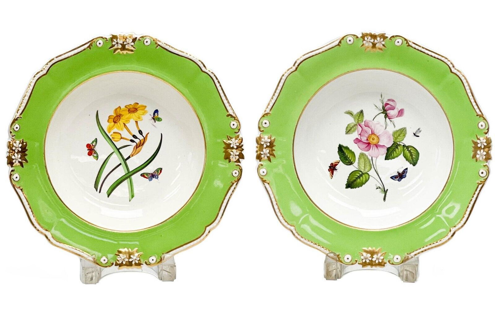 Pair Royal Crown Derby England Porcelain Botanical Deep Well Dinner Plates c1820: Pair Royal Crown Derby England hand painted botanicals porcelain deep well dinner plates, circa 1820s. A green ground to the edge, colorful hand painted image of flowers with butterflies to the center