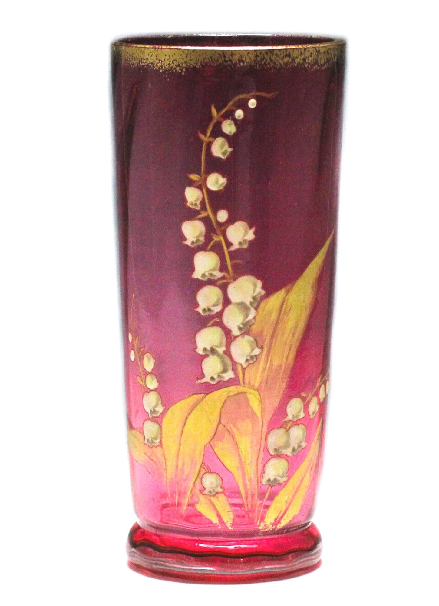 Moser Art Glass Vase c1900 Cranberry hand blown glass Hand painted enamel flower (1 of 4)
