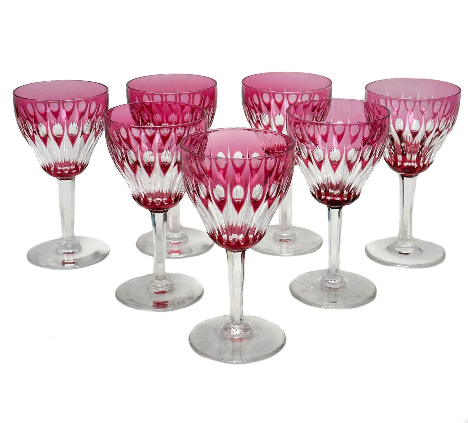 7 Val St. Lambert Cranberry Red to Clear 8 oz Wine Goblets in Zermatt: 7 Val St. Lambert Cranberry Red to Clear 8 oz Wine Goblets in Zermatt. Cranberry red with cut vertical stripes and thumbprints to bowl. Unmarked, but the work of Val Saint Lambert. Weight Approx., 7 l