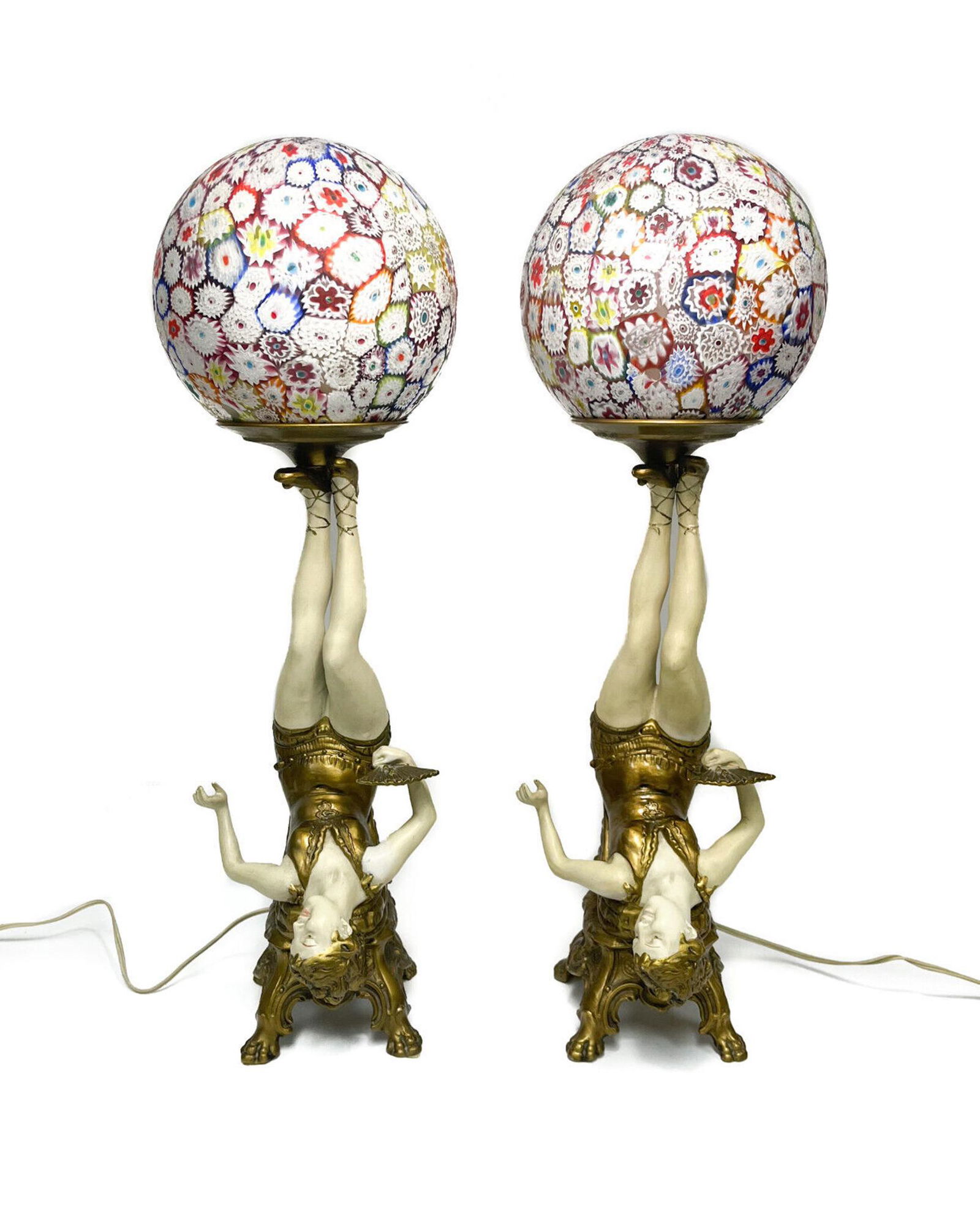 Pair Collection Francaises Bronze Murano Millifori Glass Burlesque Dancer Lamps (1 of 12)