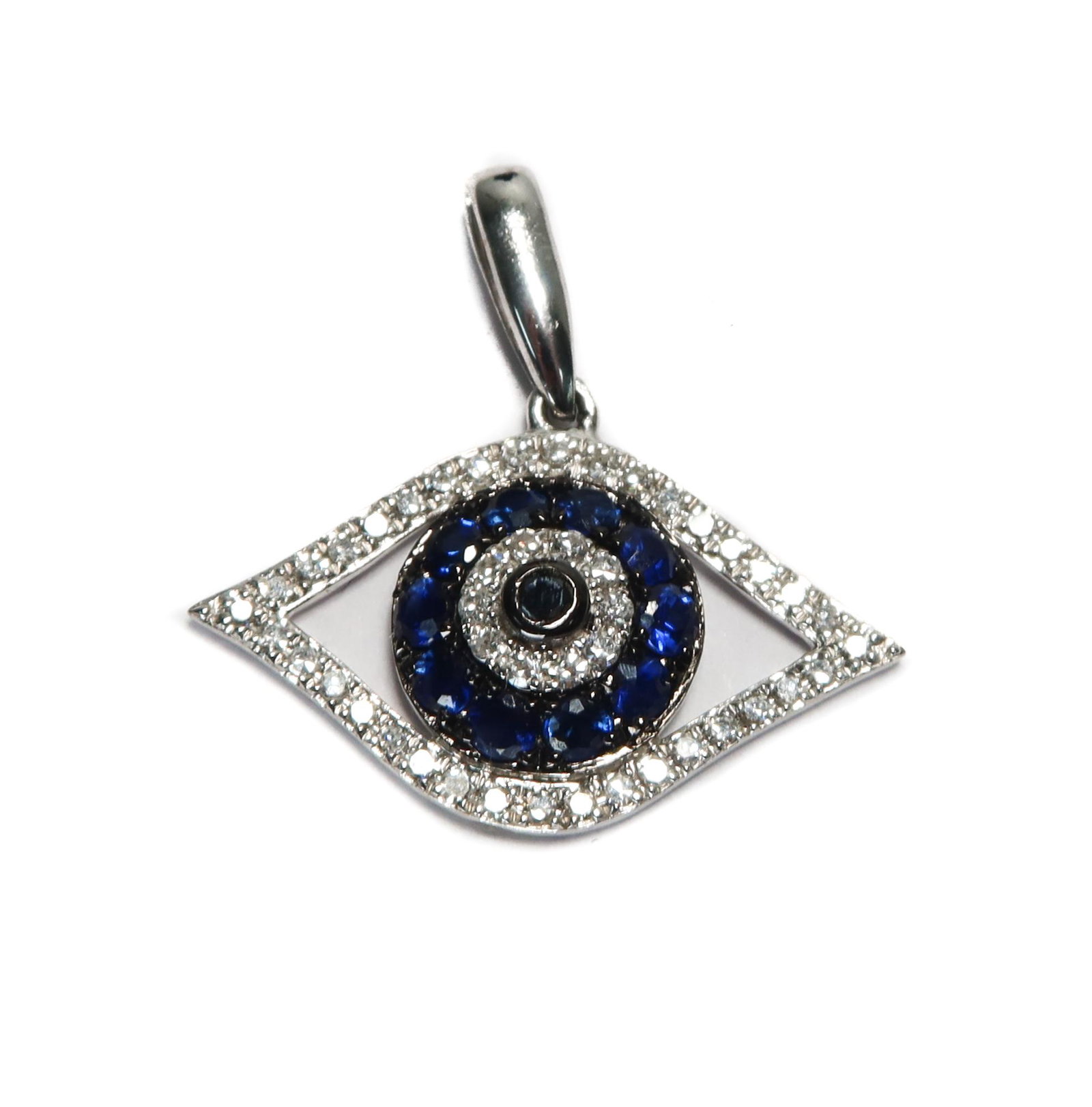 14k White Gold Sapphire and Diamond Eye Pendant: 14k White Gold Sapphire and Diamond Eye Pendant. Sapphire and Diamond thorughout. 14k white gold mark to hook. The sapphires weighing 0.22 carats and diamonds weighing approx. 0.3 carats. Weight Appro