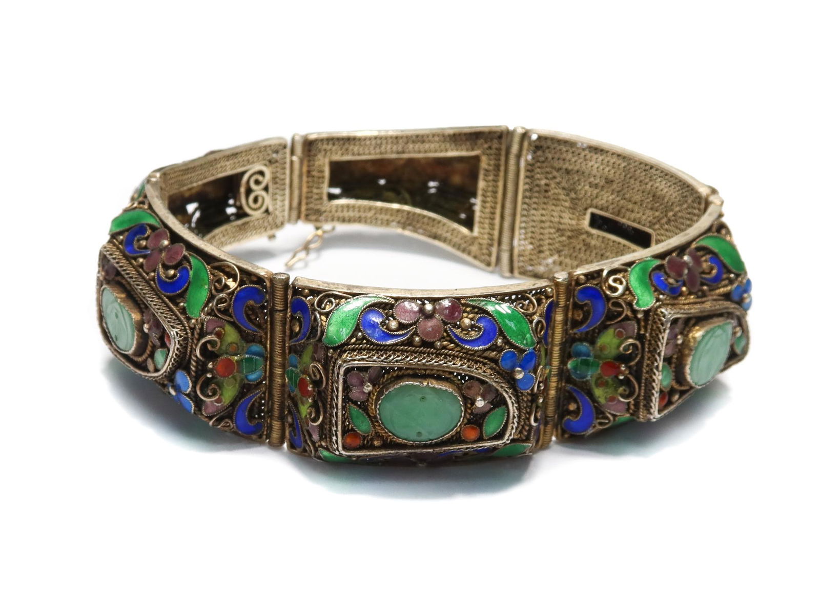Chinese Gilt Silver, Jade, and Enamel Bracelet (1 of 6)
