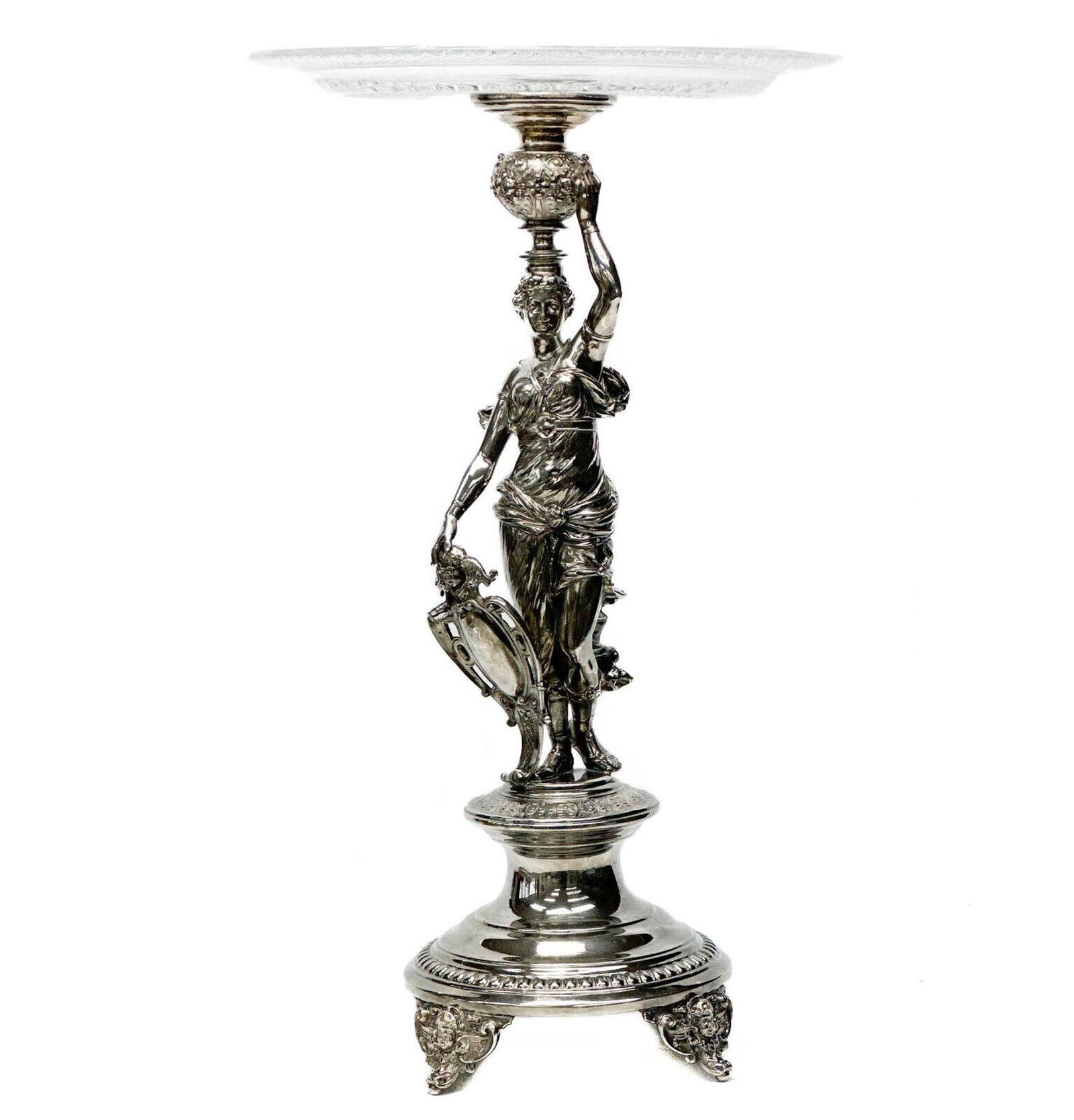 Continental Silver Plate & Glass Figural Goddess with Shield Centerpiece Tazza (1 of 6)