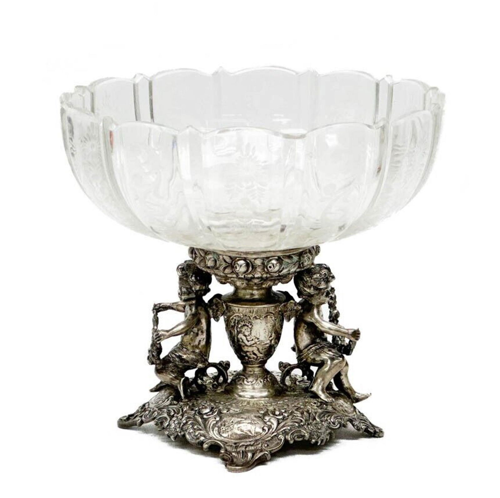 German 800 Silver Mounted Figural Putti Cut Glass Bowl c. 1920 (1 of 8)