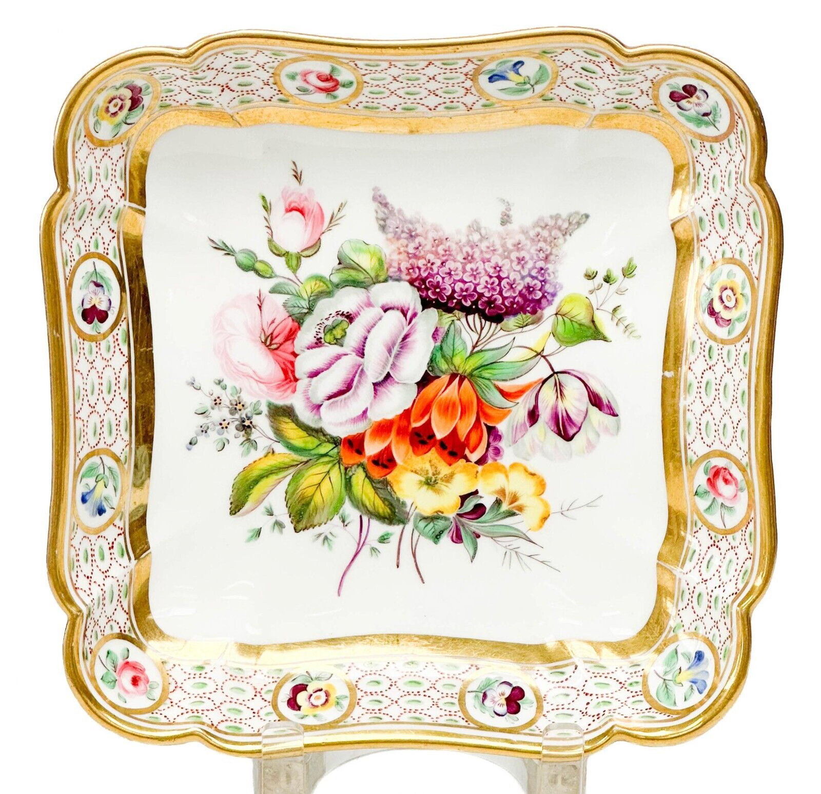 English Derby Hand Painted Floral Square Porcelain Dish 19th century: English Derby Hand Painted Square Porcelain Dish, 19th century. A white ground with colorful florals to the center, gilt decoration to the edge with panels of florals. Apparently unmarked. Weight Appr