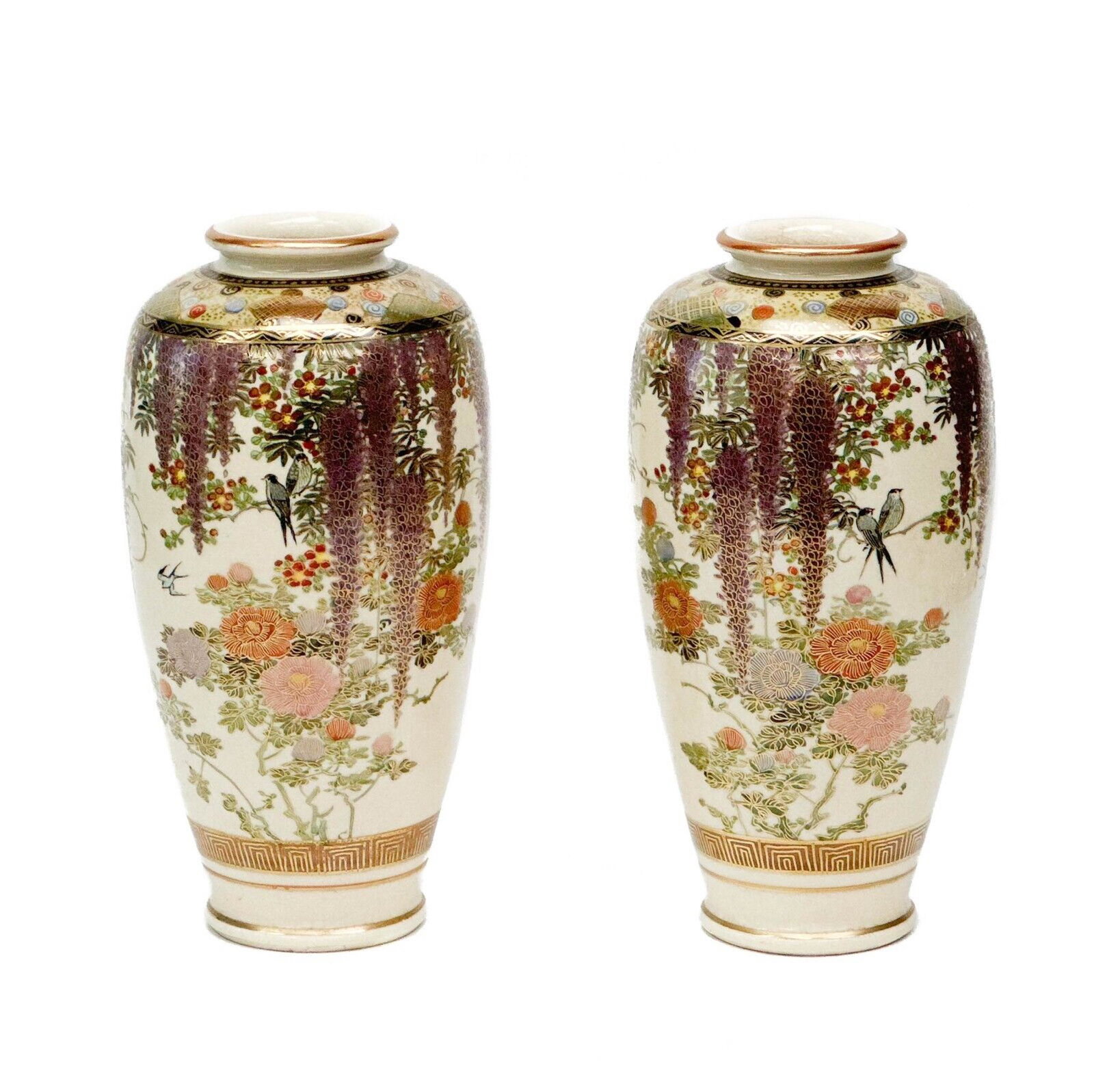 Pair Bizan Japanese Satsuma Hand Painted Porcelain Vases Wisteria & Birds: Pair Bizan Japanese Satsuma hand painted porcelain vases, Meiji or Taisho period. Decorated with hand painted purple wisteria flowers, other colorful florals, and birds. Gilt accents, a crackle finish