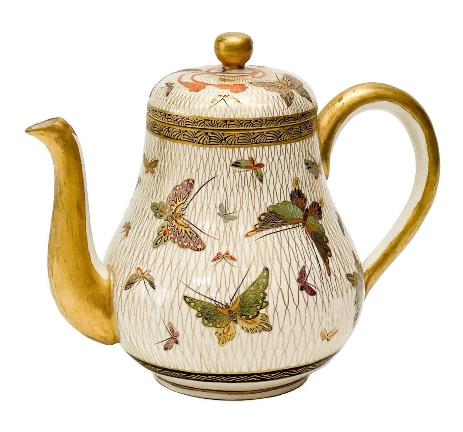 Japanese Senzan Satsuma Hand Painted Butterflies Porcelain Teapot Taisho Period (1 of 8)
