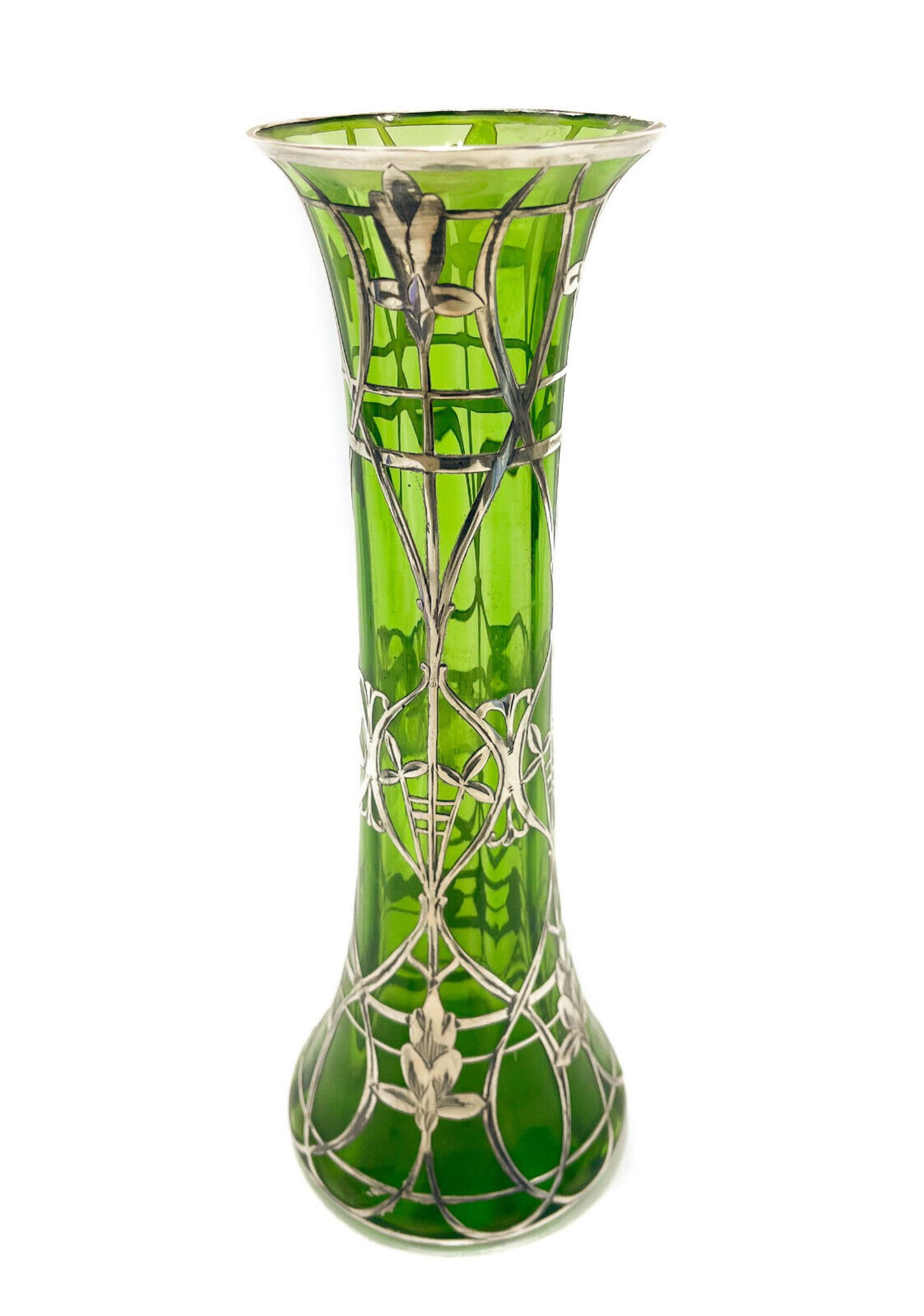 Pair American 999 Fine Silver Overlay Green Glass Tall Oval Vase, circa 1900 (1 of 7)