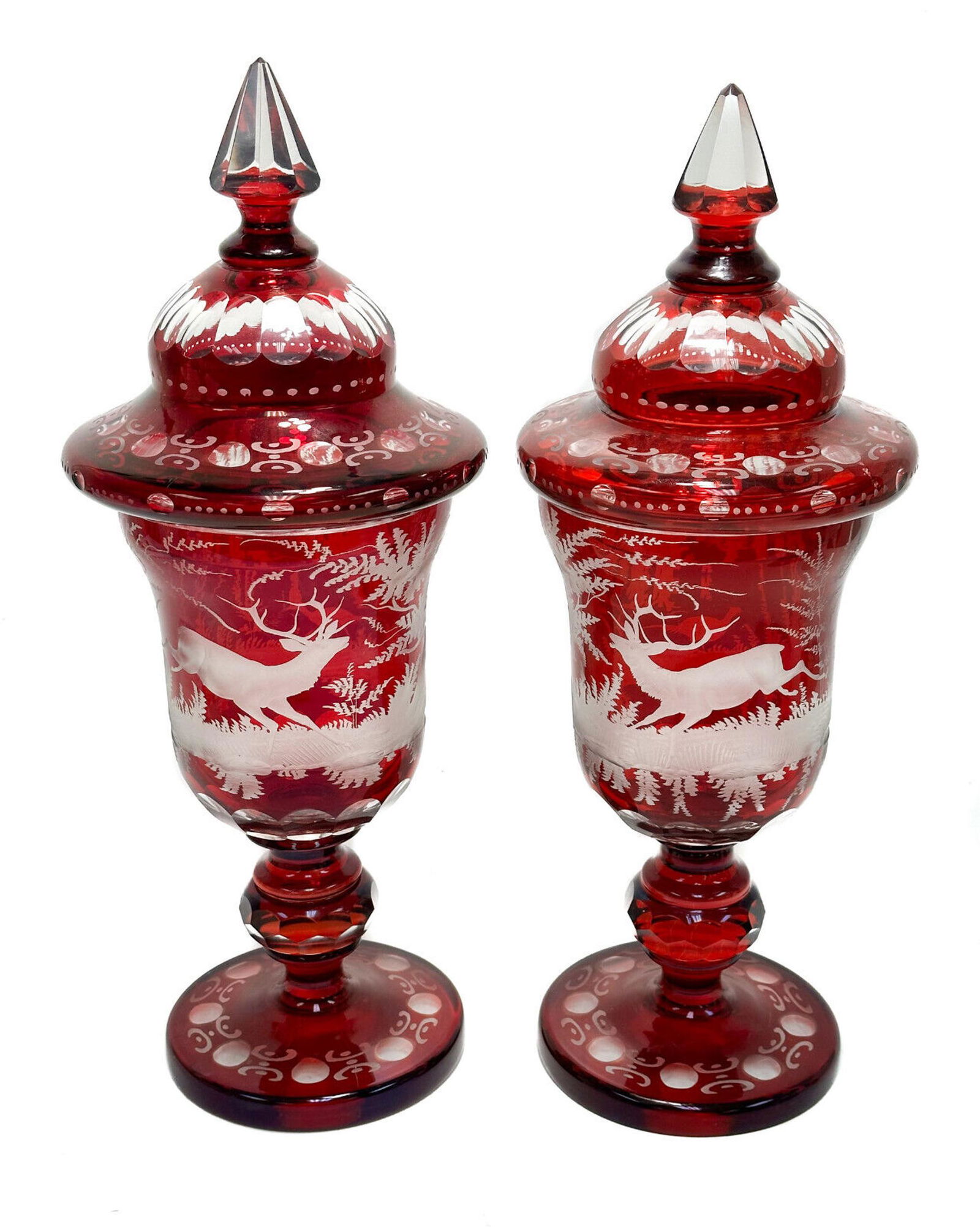 Pair Bohemian Cranberry Red Cut to Clear Etched Lidded Urns of Deer, 20th C. (1 of 11)