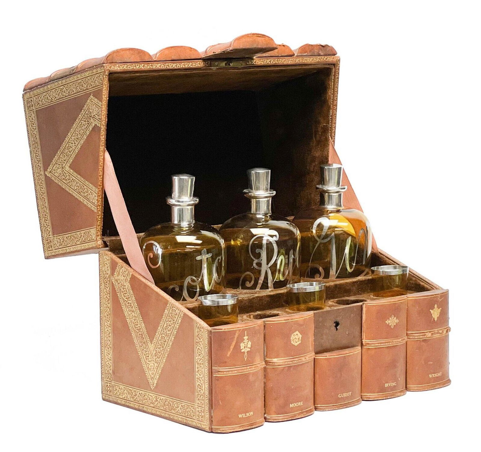 Novelty Tantalus Liquor Decanter Set Modeled as Books Silver Overlay Glasses (1 of 11)