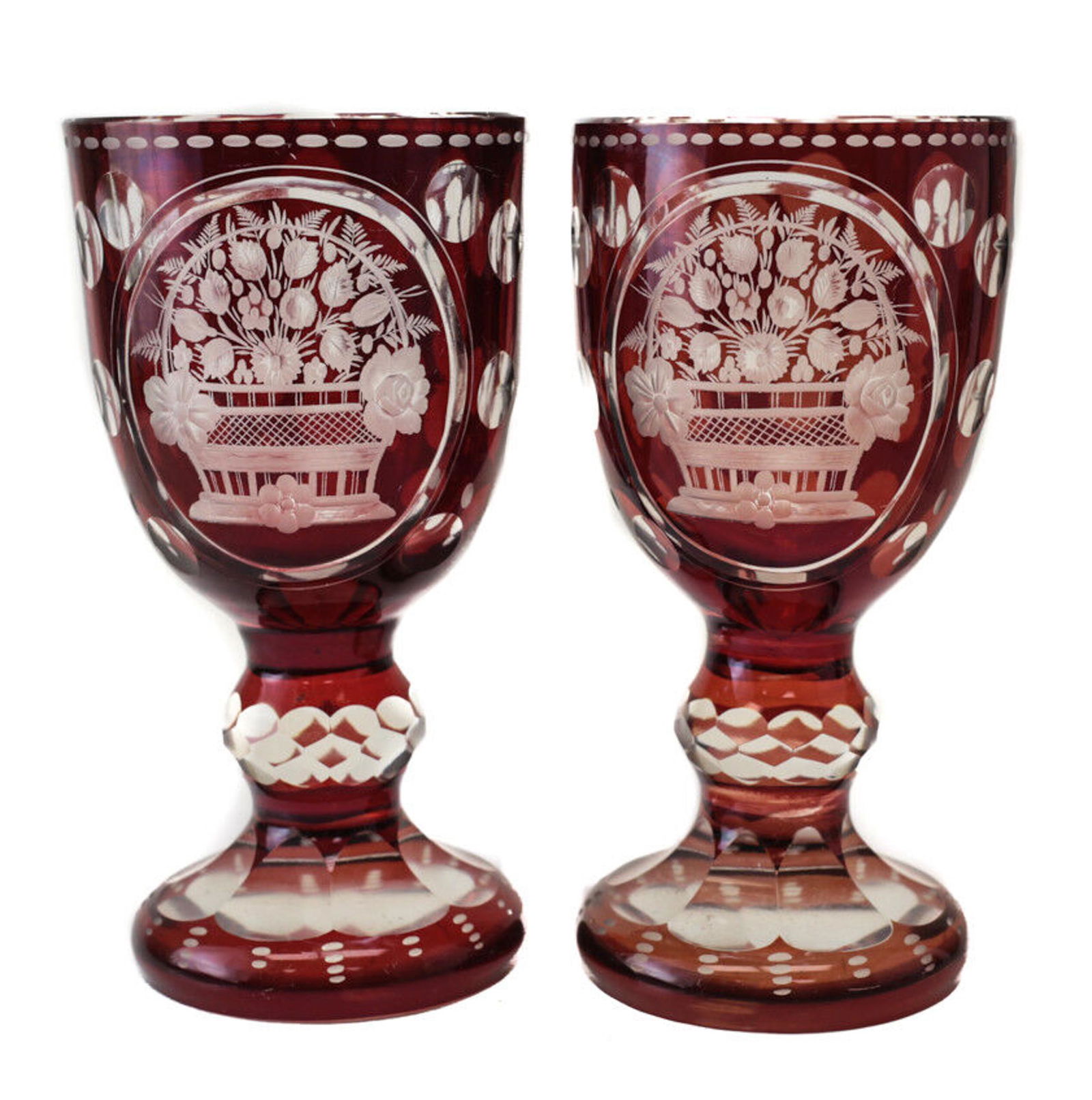 Pair Bohemian Cranberry & Clear Art Glass Goblets, circa 1940. Bouquet Designs (1 of 5)