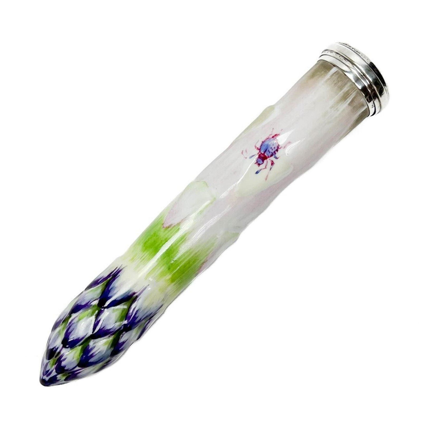 Continental Porcelain and Sterling Silver Figural Asparagus Needle Case: Continental porcelain and sterling silver asparagus leg needle case, 1st quarter 20th century. Figural hand painted porcelain asparagus stalk with bug, silver cap marked 925 under the lid. Weight Appr