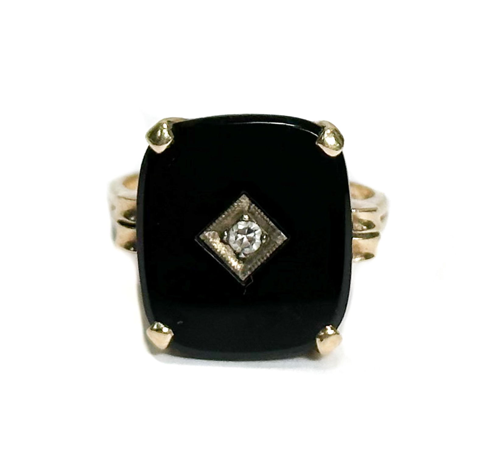 14k Yellow Gold Diamond and Black Onyx Ring, Size 6.5 (1 of 8)