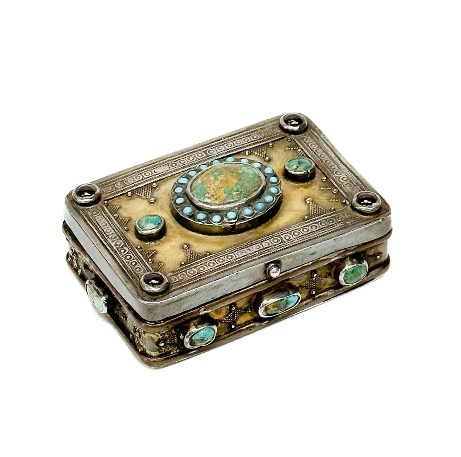 East Asian Silver Hinged Snuff Box, Mounted Turquoise c. 1900 (1 of 5)