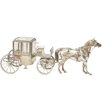 Continental Silver Plate & Glass Novelty Inkwell Horse Drawn Carriage 19th cen: Continental silver plate Novelty inkwell, 19th century. Novelty inkwell modelled as a horse pulling a carriage, carriage consists of 6 beveled glass panels, all are original and free of chips. Top of