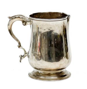 George III Benjamin Cartwright I English Sterling Silver Mug or Cup 1768: George III Benjamin Cartwright I English sterling silver cup or mug, 1768. Mug with leaf decoration to handle. Underside with London silver hallmarks. Weight Approx., 10.4 ozt Measures Approx., 5.25 i