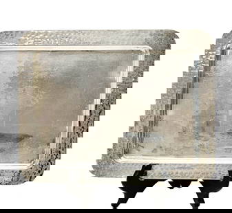 Christian Dior Silver Plate Rectangular Tray Hand Hammered Edge 20th century: Christian Dior silver plate tray. Rectangular shaped tray, hand hammered edge. Underside marked Christian Dior made in France. Weight Approx., 1 lb Measures Approx., 9.25 inches x 7.25 inches Domestic