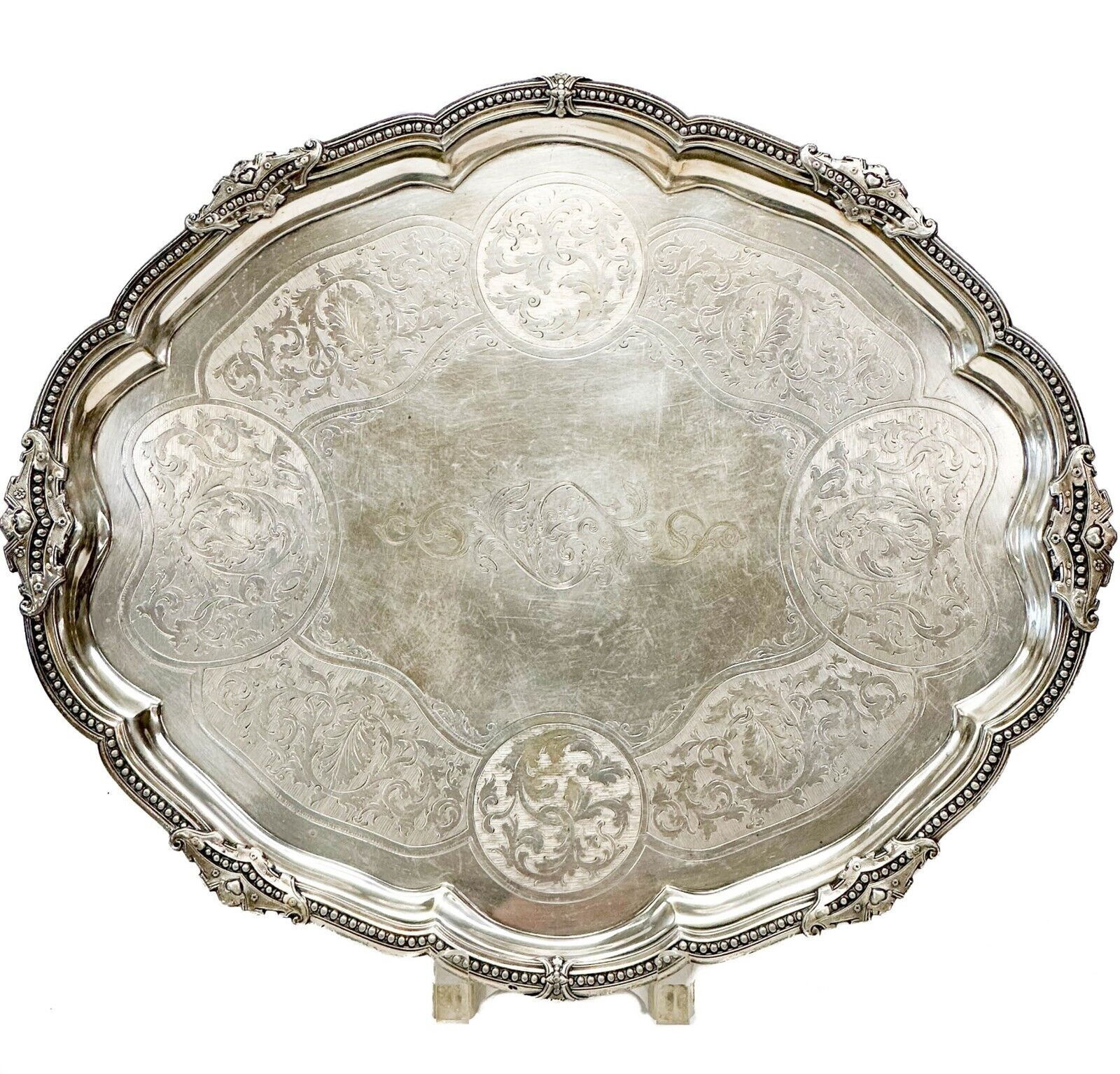 James Dixon & Sons Sheffield Silver Plate Footed Tray Engraved Florals c. 1870 (1 of 6)