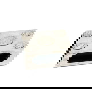 Christian Dior Silver Plate Faux Roman Coin Mounted Large Match Box Holder/Cover: Christian Dior Silver Plate Faux Roman Coin Mounted Large Match Box Holder / Cover. 5 faux roman coins mounted to the top. Underside marked Christian Dior made in France. Weight Approx., .5 lb Measure