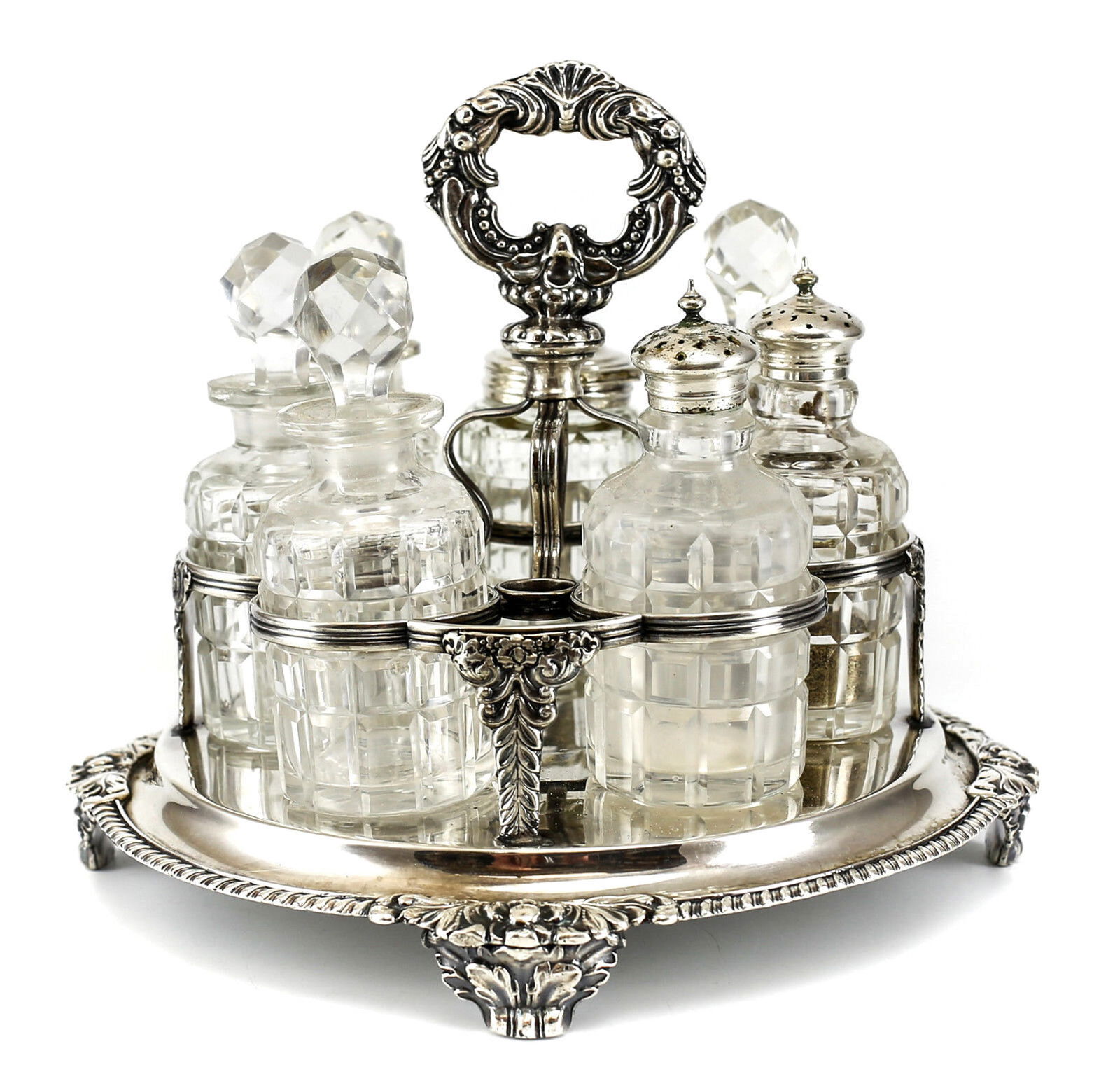 8pc. Continental Silverplate & Crystal Condiment Caddy, 19th Century (1 of 5)