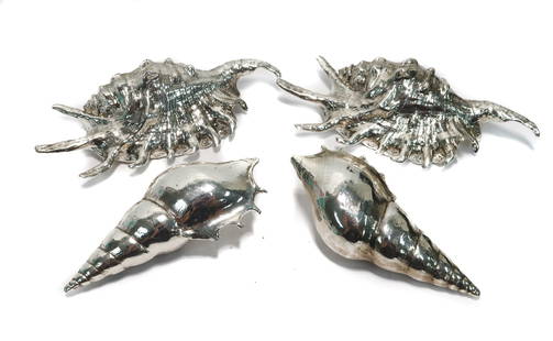 4 Christofle Silvered Seashell Figurines: 4 Christofle Silvered Seashell Figurines. Marked "Christofle" to edge. Weight Approx., 1.5 lbs Measures Approx., 4 inches x 1.75 inches / Smaller: 3.5 inches x 1.25 inches Domestic Shipping: $30