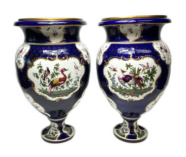 Pair Dr. Wall period Royal Worcester Exotic Bird 22" Vases c1770: An imposing pair of early Worcester porcelain vases from the first Dr. Wall period. These very large vases depict fine quality hand painted exotic birds in multiple panels and a dark blue ground with
