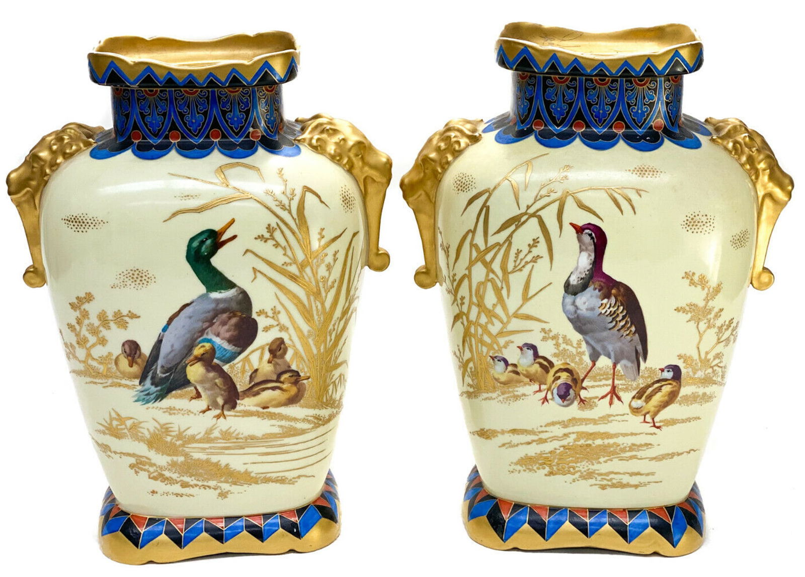 Pair French Porcelain Japonisme Vases, Hand Painted Ducks, circa 1940 (1 of 8)