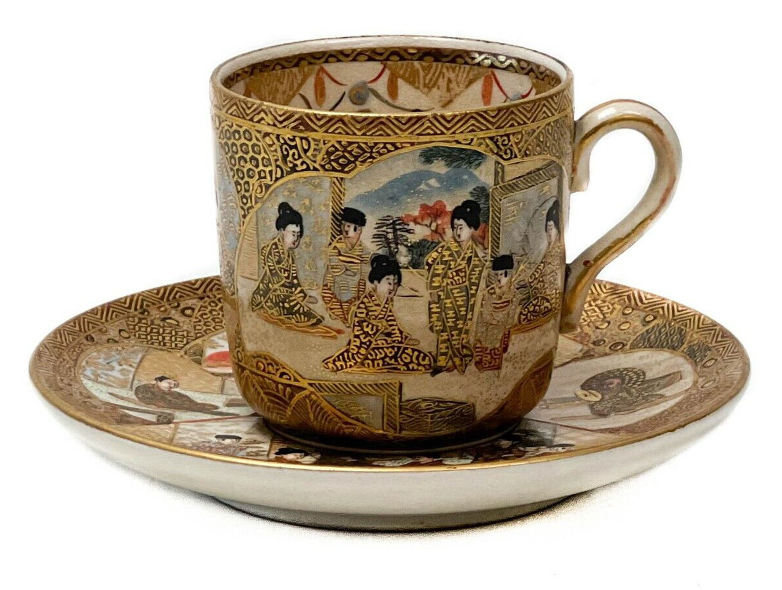 Japanese Satsuma Hand Painted Porcelain Cup & Saucer Meiji Period (1 of 6)