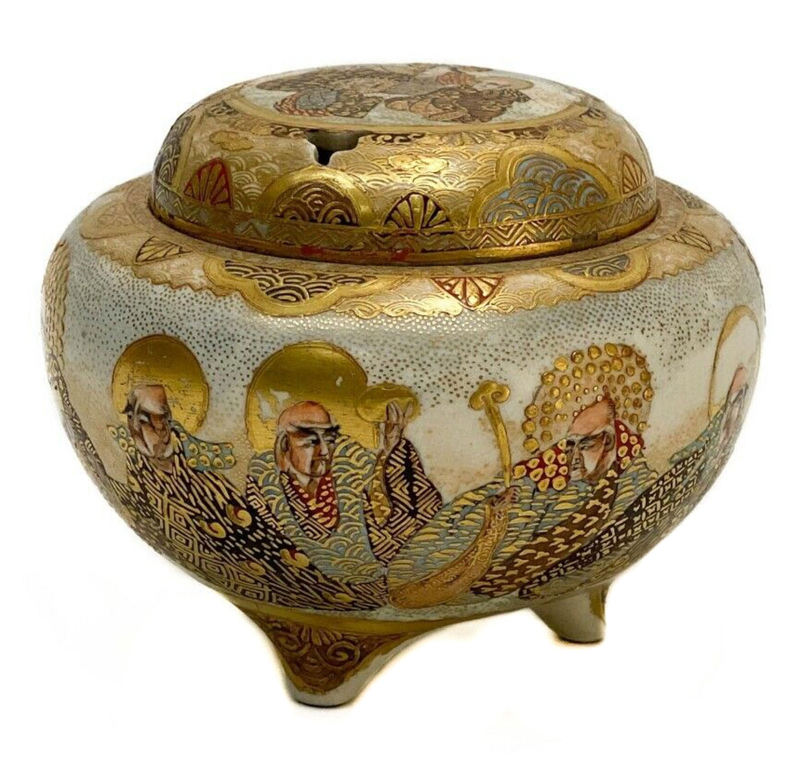 Japanese Satsuma Hand Painted Porcelain Lidded Incense Jar, Meiji Period: Japanese Satsuma hand painted porcelain lidded incense jar. Hand painted image to the lid and to the sides depicts a gathering of elderly figures, most likely immortals, with gilt halos. Fan design to