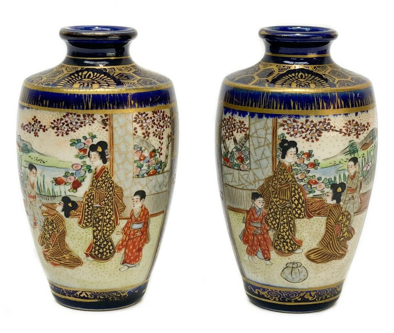 Pair Japanese Kinkozan Satsuma Hand Painted Porcelain Miniature Vases Meiji (1 of 4)