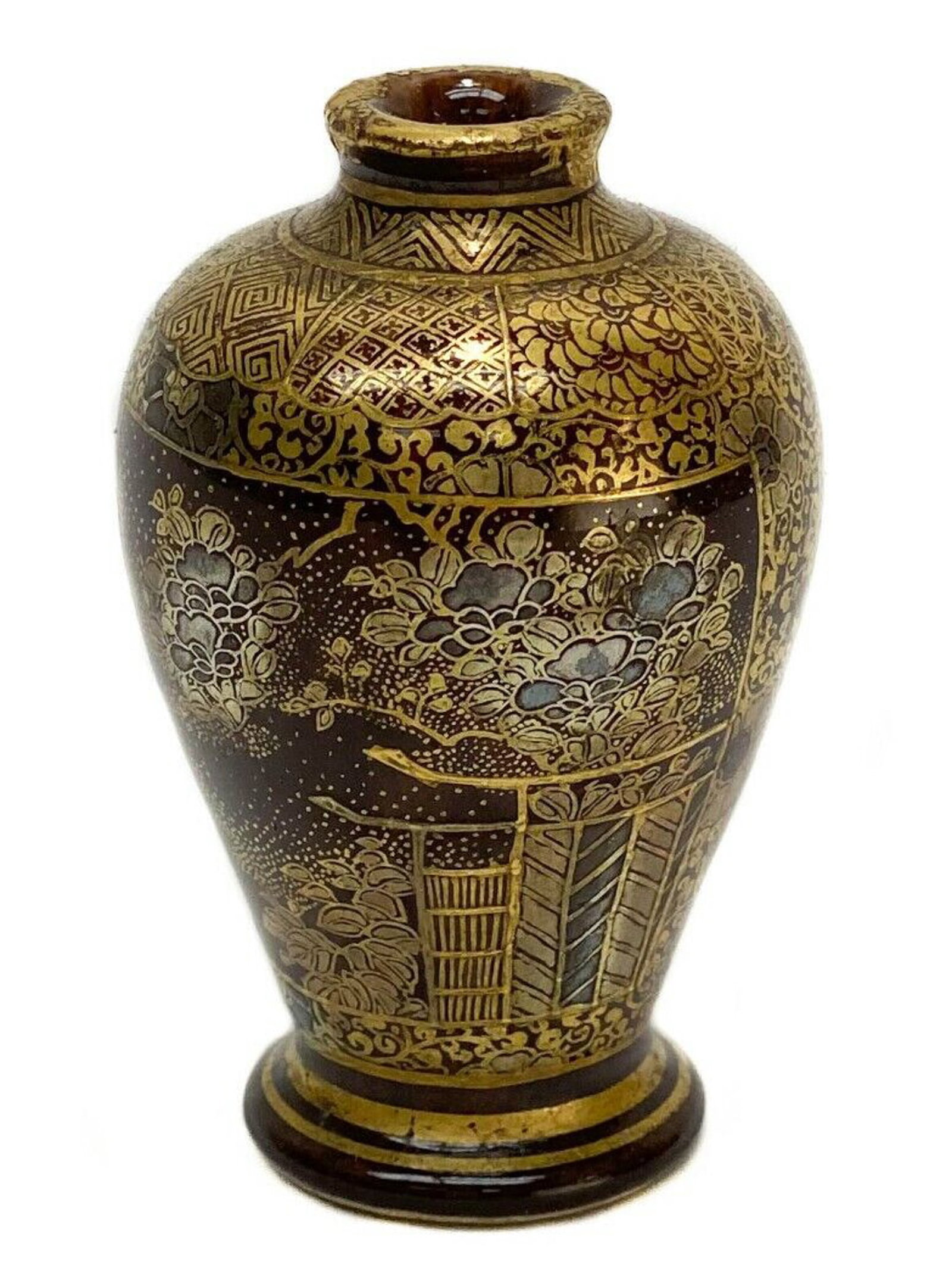 Japanese Hand Painted Porcelain Miniature Vase, Meiji Period: Japanese hand painted porcelain miniature vase, Meiji period. Brown ground with ornate gilt geometric and floral decoration, panels feature images of a garden with gilt and silver lacquer flowers. App