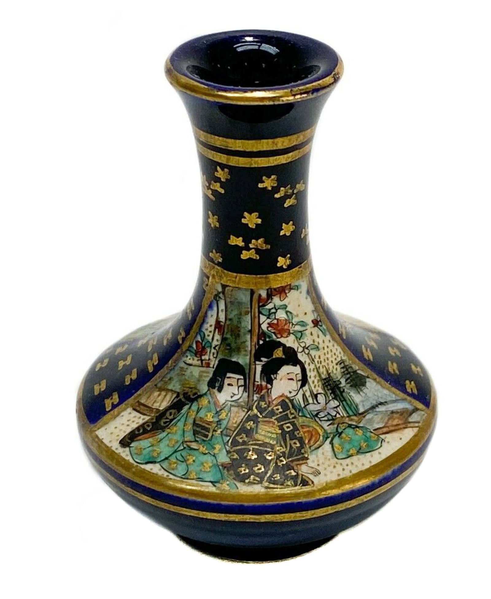 Japanese Satsuma Hand Painted Porcelain Miniature Vase, Meiji Period: Japanese Satsuma hand painted porcelain miniature vase, Meiji period. Cobalt blue ground with gilt accents. One image depicts a group of colorful flowers, the other depicting two figure in traditional