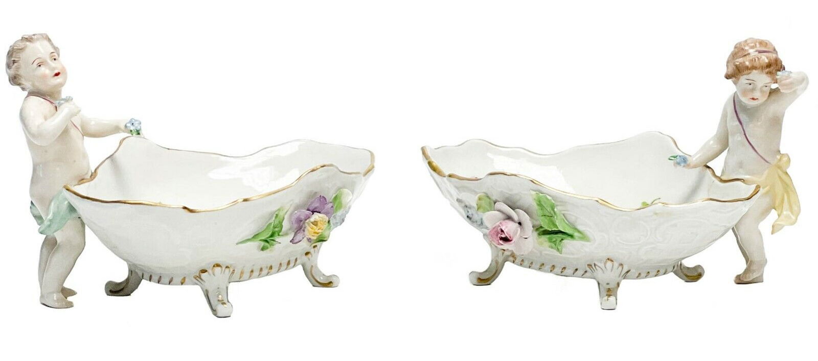 Pair Dresden Germany Hand Painted Porcelain Figural Boy & Girl Putti Bowls (1 of 11)