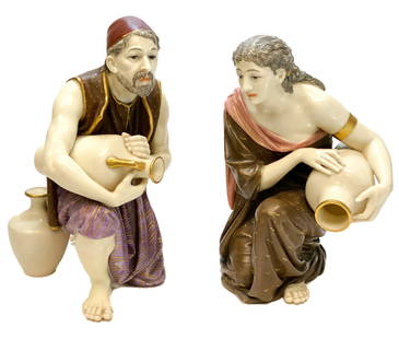 Pair Royal Worcester Porcelain Figurines, Man and Woman with Water Jars, 1880: Pair Royal Worcester porcelain figurines, 1880. The figurines depict a man and woman in robed garbs pouring out water jars. Royal Worcester mark to the underside dating to 1880. Weight Approx., 4 lbs