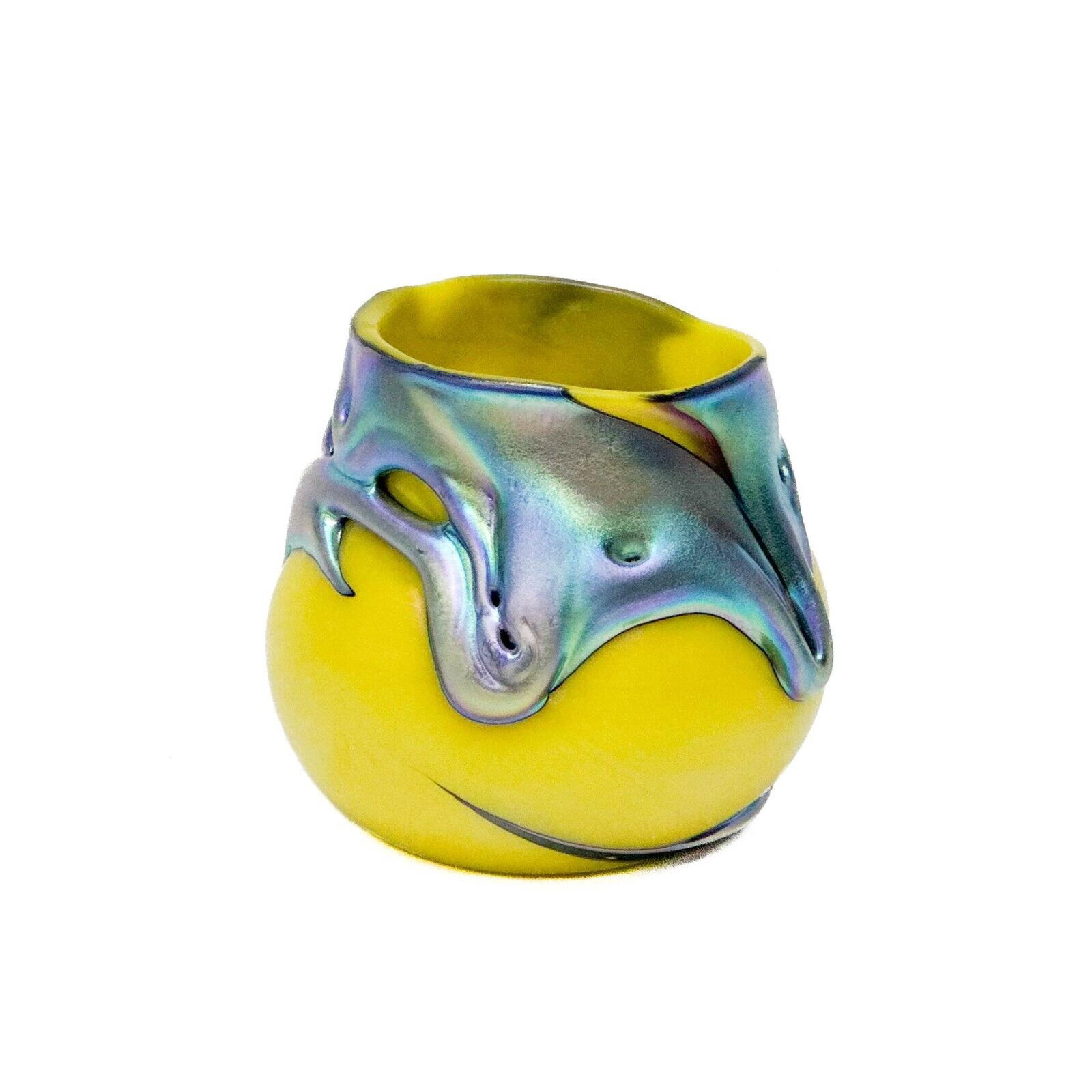 Charles Lotton Art Glass Miniature Yellow & Iridescent Lava Vase Signed (1 of 7)