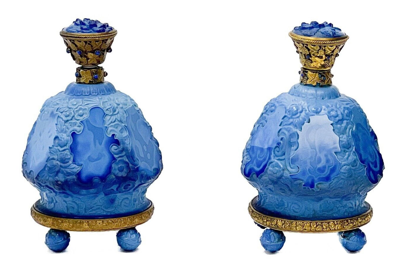 Pair Hoffmann Molded Blue Glass Scent or Perfume Bottles c. 1920 (1 of 8)