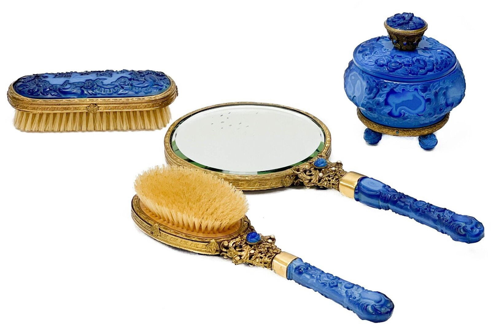 4pc Hoffmann Czech Molded Blue Glass Vanity Dresser Set c. 1920 (1 of 10)