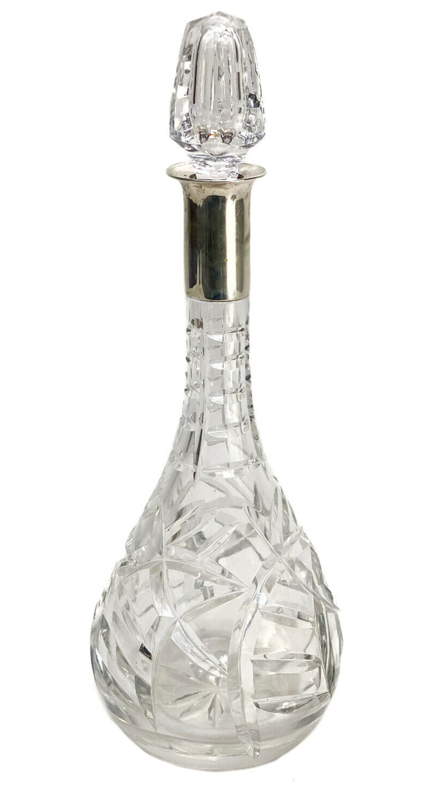 German 800 Silver and Cut Glass Wine Decanter, Early 20th Century: German 800 silver and cut glass wine decanter, Early 20th Century. Cut glass diamond designs to the body. Marked 800 to the silver neck. Weight Approx., 3 lbs Measures Approx., 5.5 inches diameter x 1