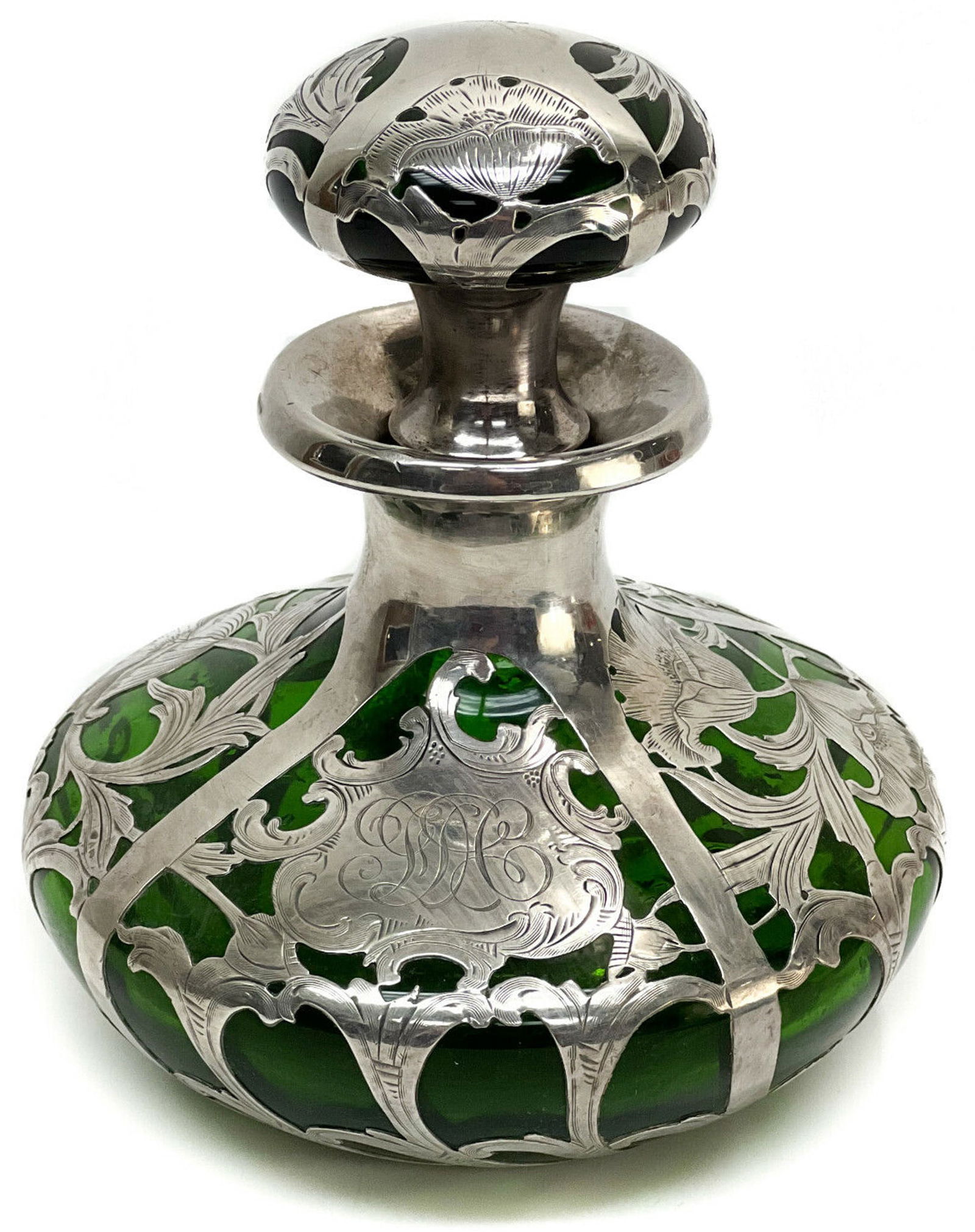 Alvin Mfg 999 Fine Silver Overlay Green Glass Decanter Art Nouveau, circa 1900 (1 of 7)