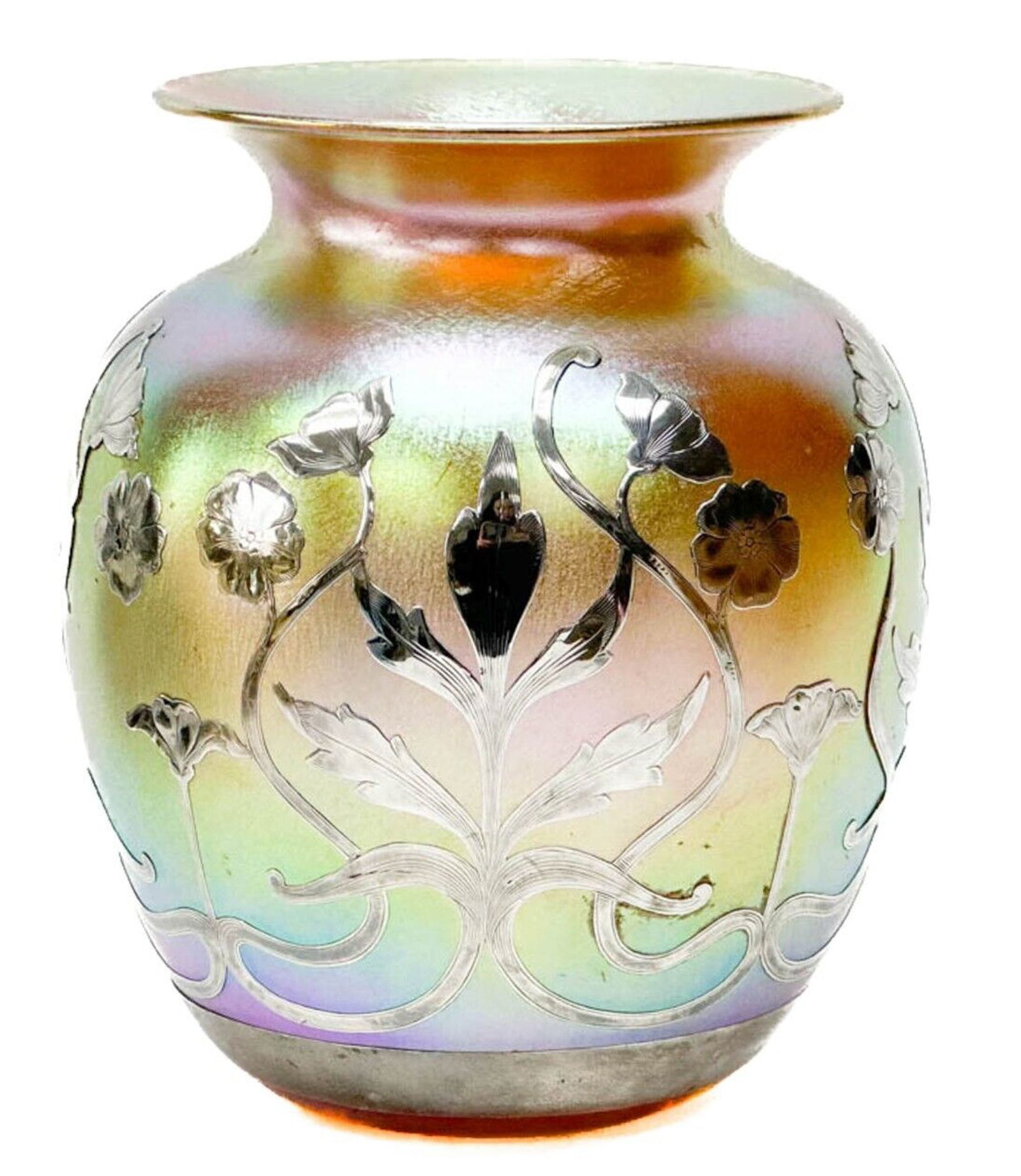 Quezal Iridescent Art Glass Vase Floral Sterling Silver Overlay c. 1900 (1 of 11)