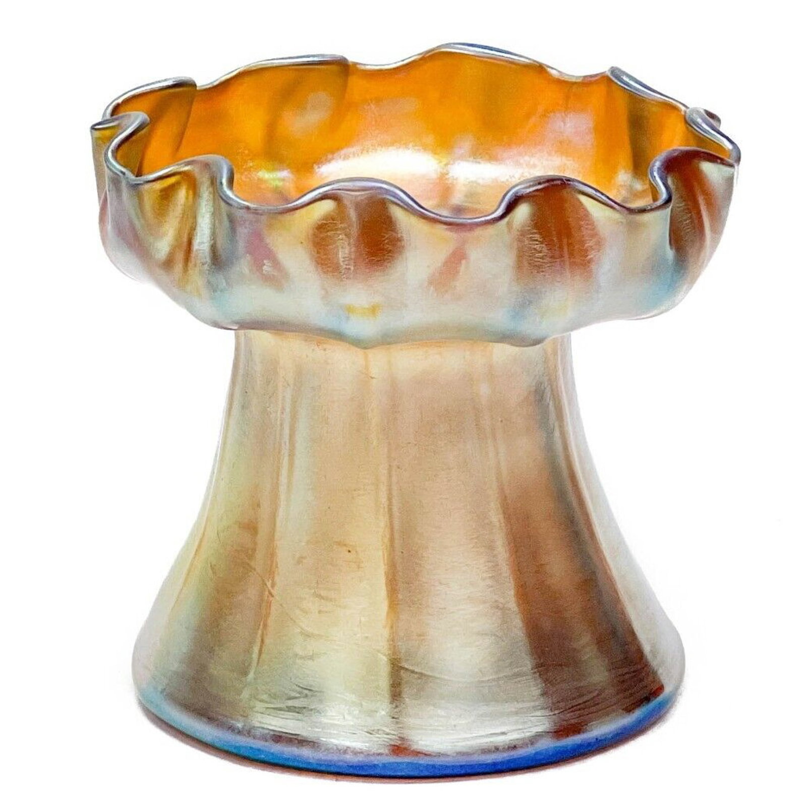 LCT Tiffany Favrile Iridescent Art Glass Ruffled Vase 1026 - 6590 circa 1900: LCT Tiffany gold iridescent favrile glass vase, circa 1900. Iridescent glass vase with ribbed sides and a ruffled rim. Underside marked 1026 - 6590 L LC Tiffany Favrile Weight Approx., 1 lb Measures A