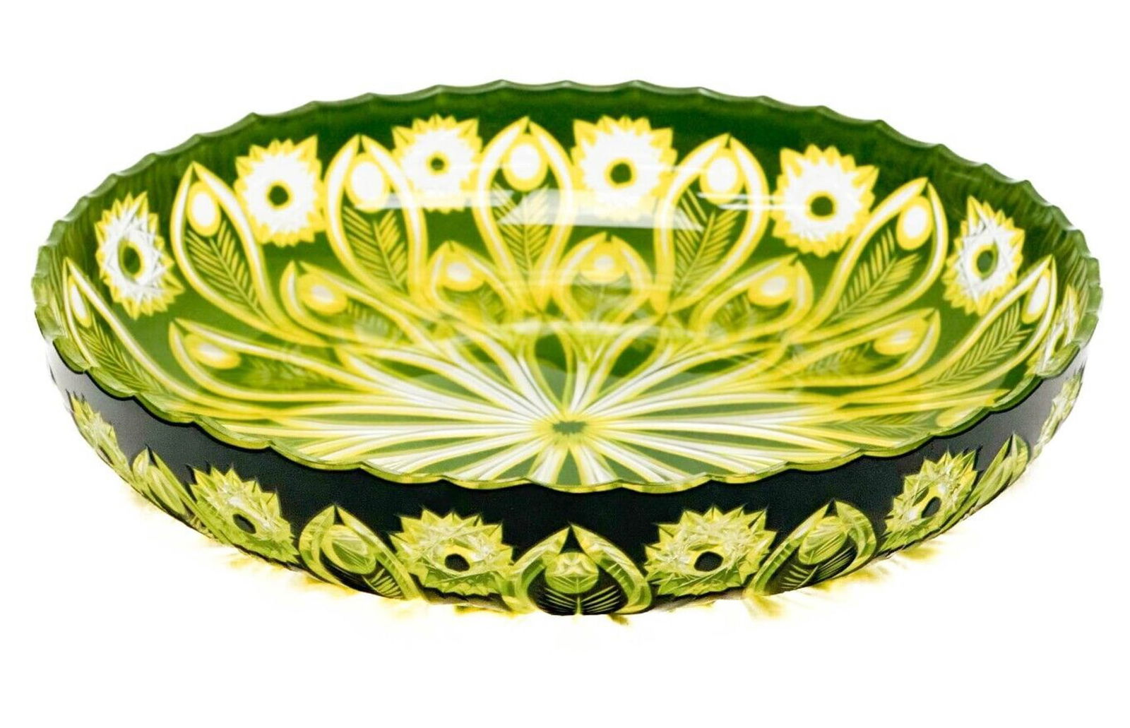 Blue & Green Cut to Clear Peacock & Hobstar Art Glass 12 inch Centerpiece Bowl (1 of 7)