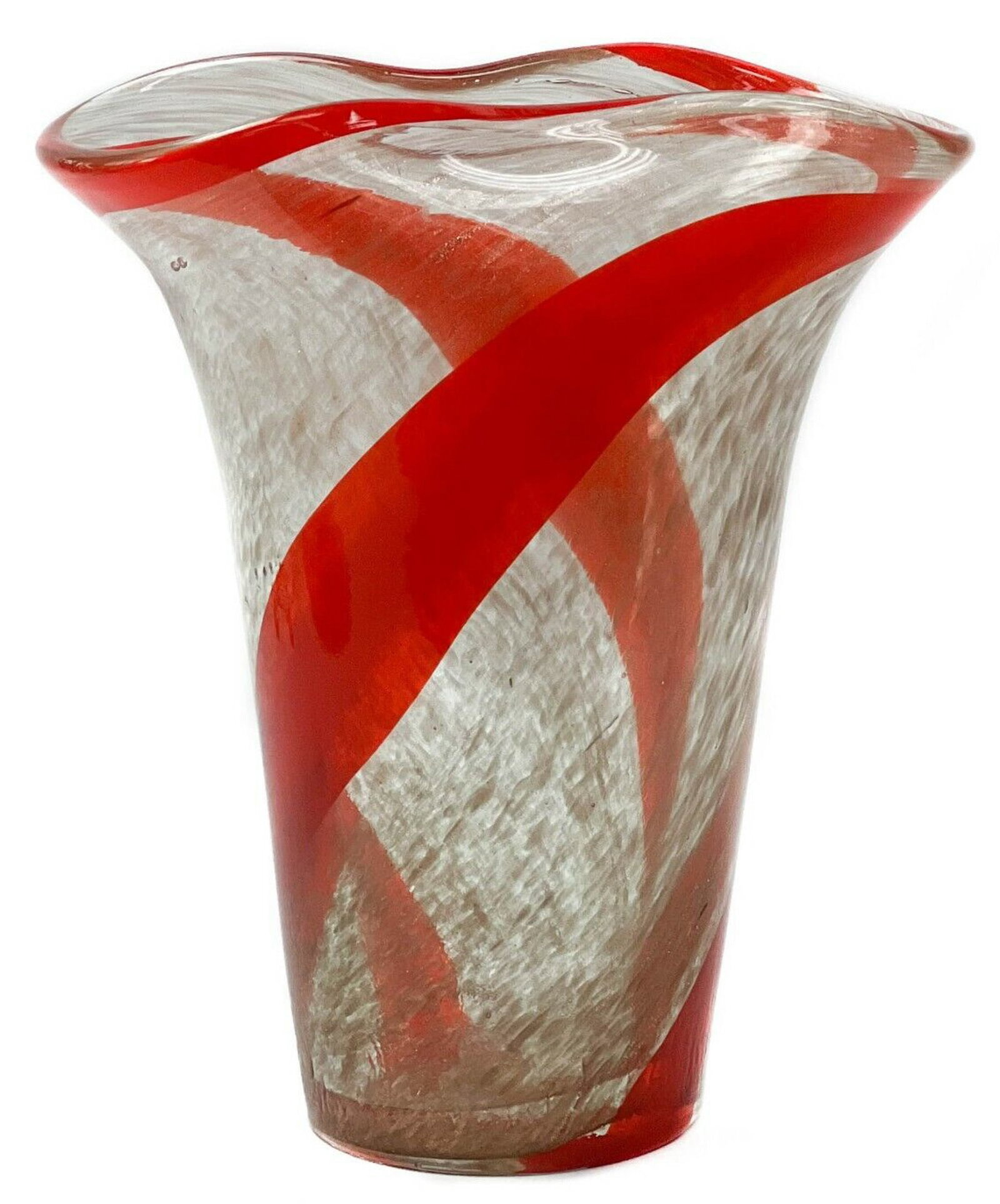 Fratelli Toso Italian Murano Art Glass Aventurine Vase: Fratelli Toso Italian Murano art glass vase. Vase with Aventurine glass and a swirled red ribbon design with a curved rim. Murano label to the underside. Weight Approx., 7 lbs Measures Approx., 9.25 i