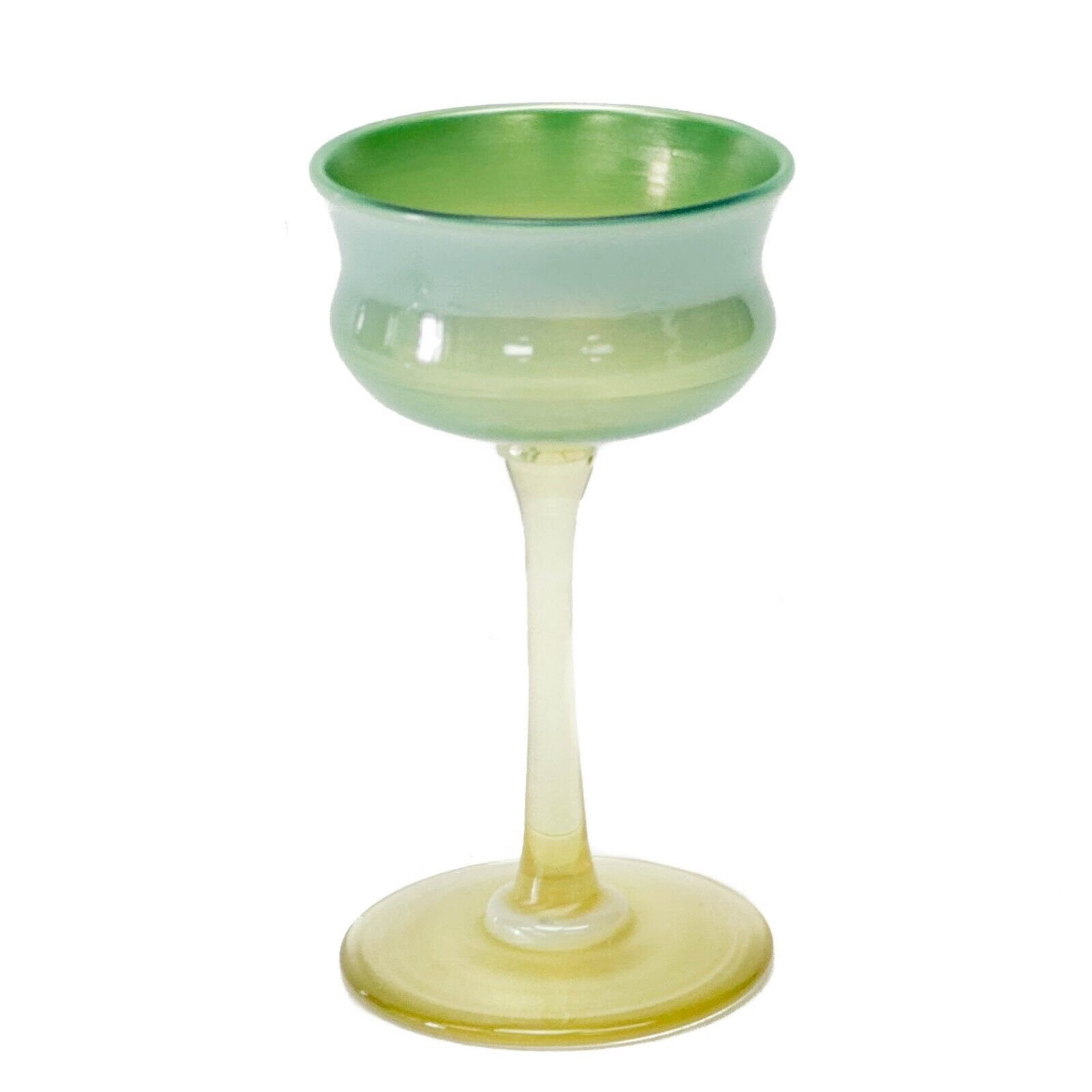 LCT Tiffany Pastel Favrile Iridescent Green & Yellow Art Glass Wine Glass c.1900: LCT Tiffany pastel favrile iridescent art glass wine glass, circa 1900. A pastel green bowl, a yellow stem, an iridescent finish. A polished pontil to the underside, inscribed LCT Favrile. Weight Appr