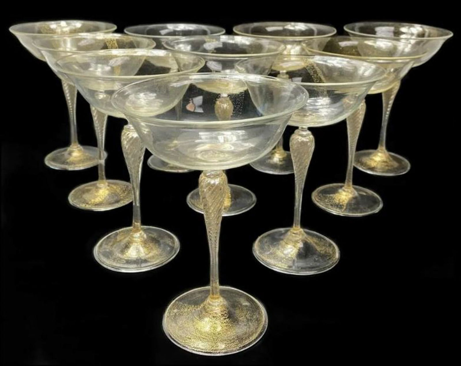 11 Venetian Gold-Flecked Champagne Saucers Twisted Stem Design (1 of 6)
